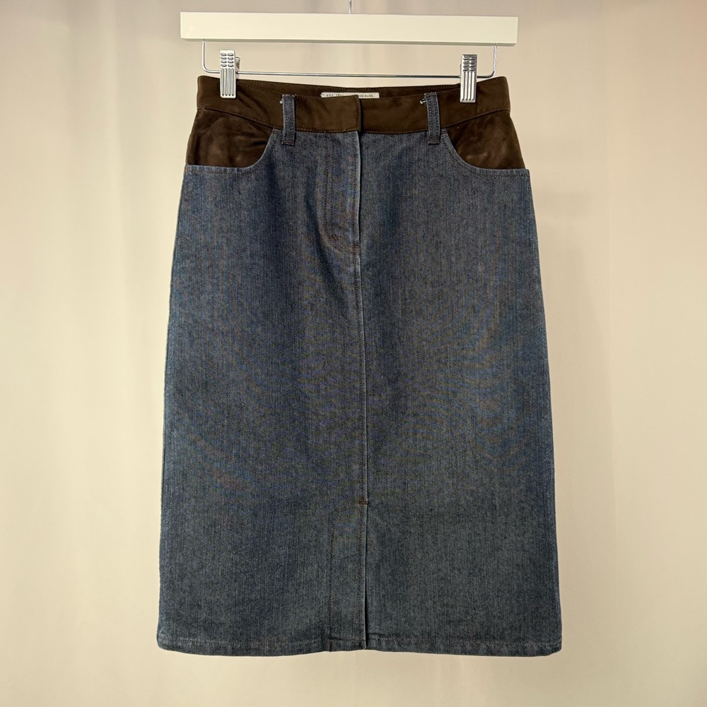 Y2K Armani Exchange Corduroy Accent Denim Pencil Midi Skirt in Blue Brown Size 0